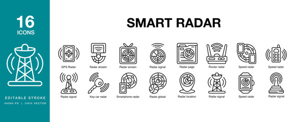Smart Radar icon set. Includes radar, technology, smart, car, future, and More. Editable Stroke Icon Collection.