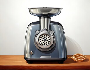 A vintage-style meat grinder on a wooden surface