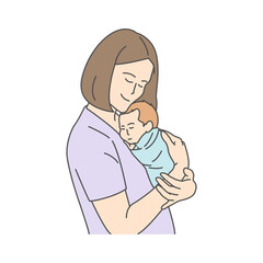 Illustration of a mother softly holding her newborn baby with a relaxed smile