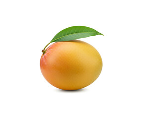 Ripe Mango with green leaf isolated on white background.