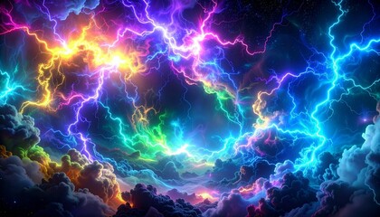 Fototapeta premium Colorful lightning storm over cloudy sky.