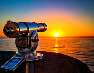 A vintage-style telescope overlooks a vibrant sunset over the ocean