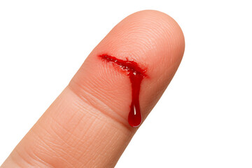 Injured finger with bleeding cut isolated on transparent background