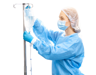  Anesthesiologist Adjusting IV Drip in Operating Room, Side Angle, isolated