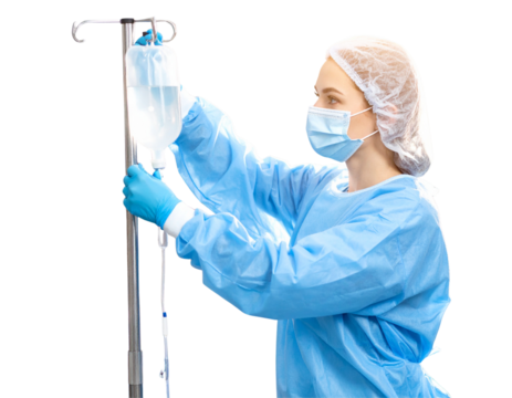  Anesthesiologist Adjusting IV Drip in Operating Room, Side Angle, isolated