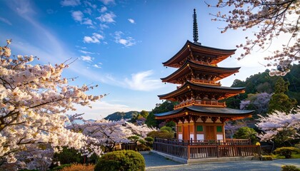 Japanese pagoda with cherry blossoms.