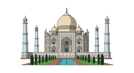 illustration of taj mahal with symmetrical domes and minarets