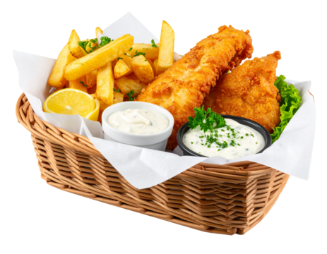 Fish & Chips Served in Basket on Blank Background for menu, takeout, and advertising concepts