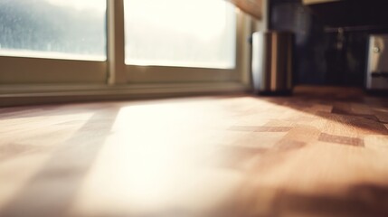 磨き上げられた木製のテーブルの表面。ぼやけたキッチンの窓から差し込む柔らかな朝の光が、温かみのある自然な色合いで、磨き上げられた木製のテーブルをクローズアップで捉えています。ライフスタイル雑誌。