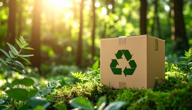 Cardboard box with recycling symbol in forest.