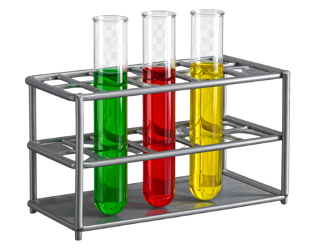 Set of Three Chemistry Test Tubes in Rack, Angled Side View, isolated - Powered by Adobe