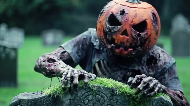 Pumpkin zombie Rising Out Of A Graveyard cemetery and church In Spooky scary dark Night full moon bats on tree. Holiday event halloween banner background concept.