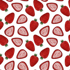 Watercolor strawberry seamless pattern. Whole and half strawberries on white background.