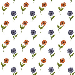Watercolor orange and purple flower seamless pattern. Stylized floral repeat on white background.