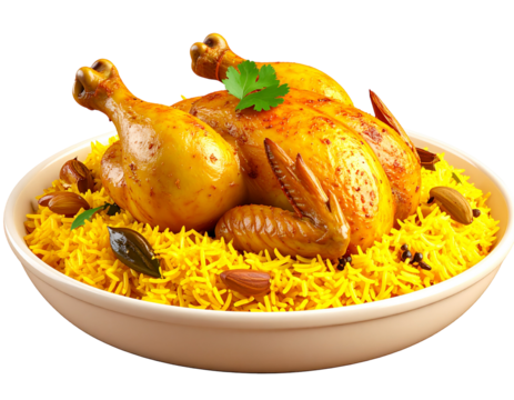 Roasted Chicken with Yellow Rice Garnish, Festive Food, Transparent. Culinary, menu use - Powered by Adobe
