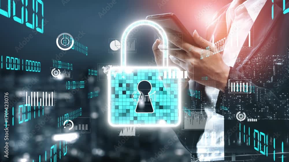 Poster a businessman analyzes digital security elements while using a smartphone in an urban setting. the i