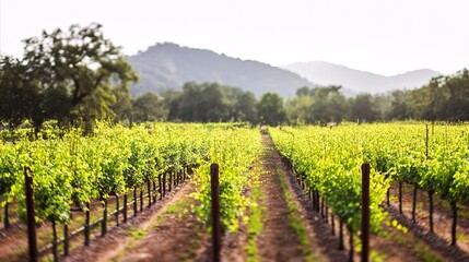 Obraz premium ブドウ園。自然光の下、整然と並んだブドウの木々が、静寂と成長を想起させる、穏やかなブドウ園の風景。旅行雑誌。