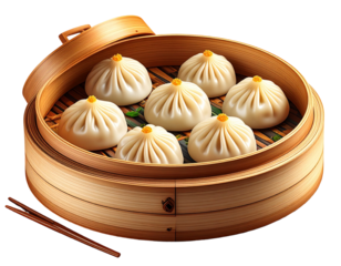 Steaming dumplings in bamboo steamer; cooking food concept, culinary background