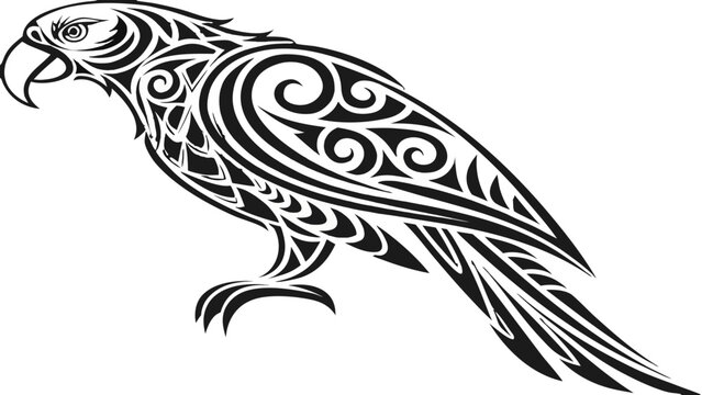 Stylized parrot illustration with tribal design elements in black and white color scheme vector image