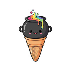 Cute Kawaii Ice Cream Cone with a Magical Cauldron.