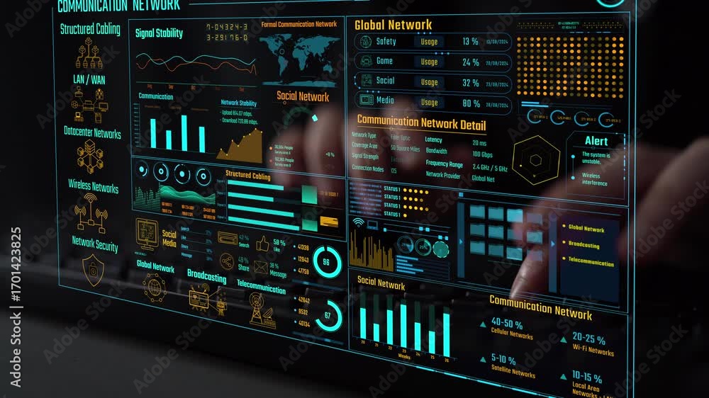 Poster data center monitoring dashboard visualize network performance, connection status, usage rate, and t