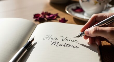 International Day for the Elimination of Violence against Women of a hand writing "Her Voice Matters" in a notebook, symbolizing empowerment and advocacy.