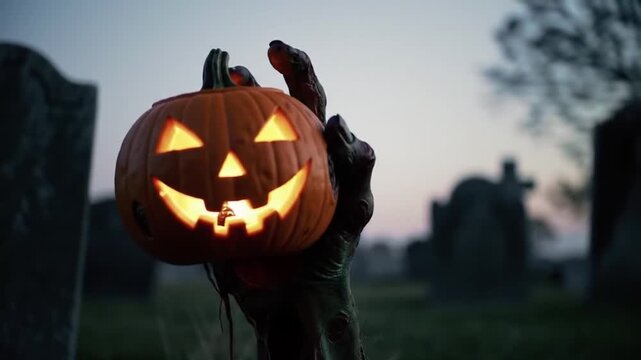 Pumpkin zombie Rising Out Of A Graveyard cemetery and church In Spooky scary dark Night full moon bats on tree. Holiday event halloween banner background concept.