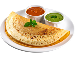 Dosa pancake served with chutneys on a plate for a restaurant menu, isolated on a transparent background