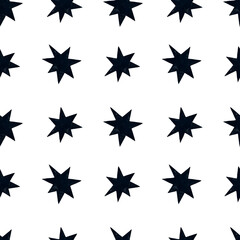 Watercolor black star seamless pattern. Asymmetrical black stars on white background.