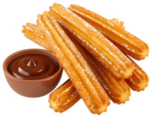 Crispy churros dusted with sugar served with chocolate sauce