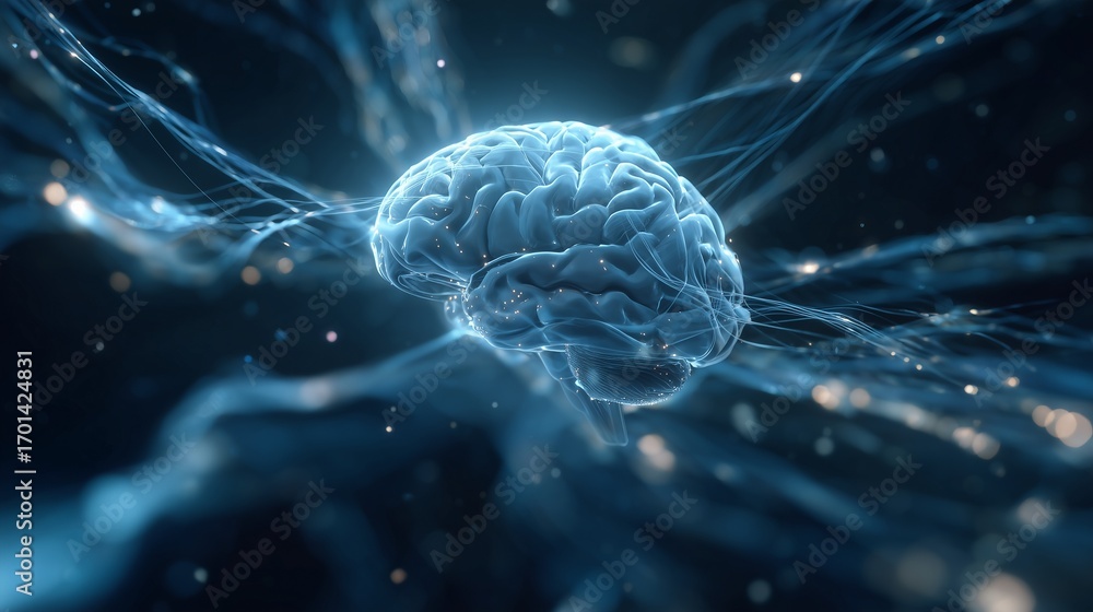 Poster close-up of ai brain hologram surrounded by glowing data streams, futuristic healthcare technology, 
