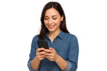 Smiling woman using smartphone isolated on transparent background