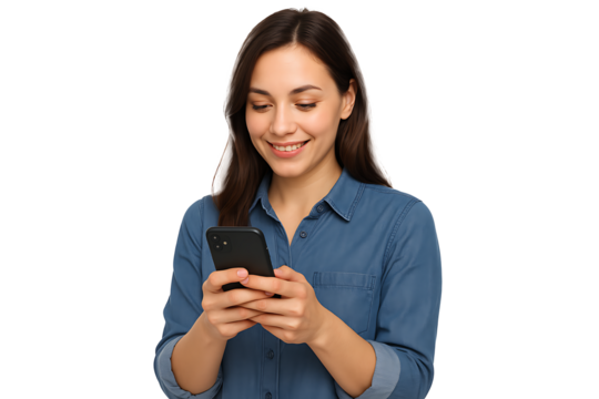 Smiling woman using smartphone isolated on transparent background