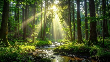 Sun shining through lush green forest.