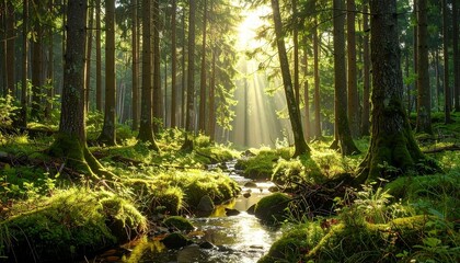 Obraz premium Forest stream with sun rays through trees.