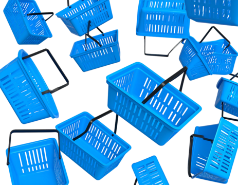 Blue shopping baskets falling on a black background for a promotional or design illustration