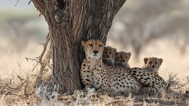 A cheetah family resting under the shade of a tree, with the mother watching over her adorable cubs