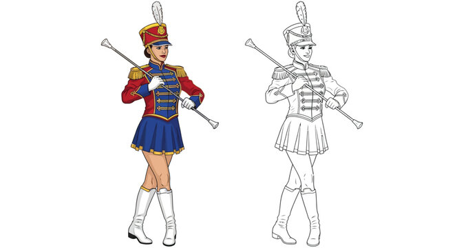 Mardi Gras Drum Majorette Coloring Page with Outline Character and Festive Costume