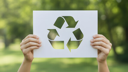 Eco-conscious hands holding recycle symbol in nature, promoting sustainability for a greener future