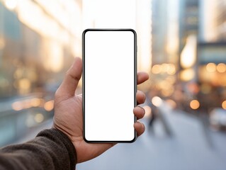 Stock photo of hand holding smartphone with blank screen in city background
