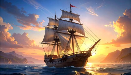 Obraz premium A majestic sailing ship cuts through the golden sunset over a tranquil sea, showcasing intricate details and a serene ambiance.