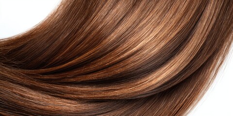 Fototapeta premium Close-up of long, straight, shiny brown hair against a white background, showcasing its smooth texture and rich color