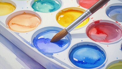 Exploring artistic expression with a colorful watercolor set, a paintbrush selecting a vibrant blue hue from a palette for a creative project