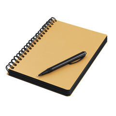 Open spiral-bound notebook, tan cover, black pen
