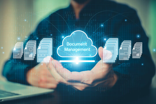 E-Document management concepts hand touch visual digital data documentation directory online archive storage for database search system work on cloud technology. - Powered by Adobe