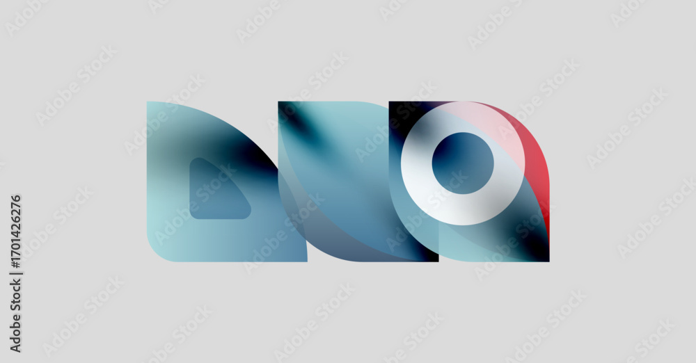 Poster abstract shapes overlap, creating dynamic composition. blue, red, white hues dominate neutral backgr