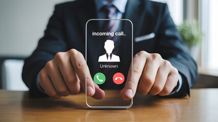 Business professional receives an unknown incoming call on their mobile phone, contemplating whether to answer
