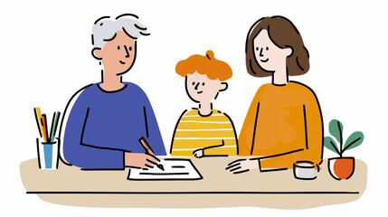 Family signing document at table