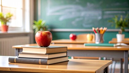 Back to school concept featuring a red apple on a stack of books in a sunlit empty classroom with a chalkboard