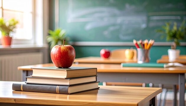 Back to school concept featuring a red apple on a stack of books in a sunlit empty classroom with a chalkboard